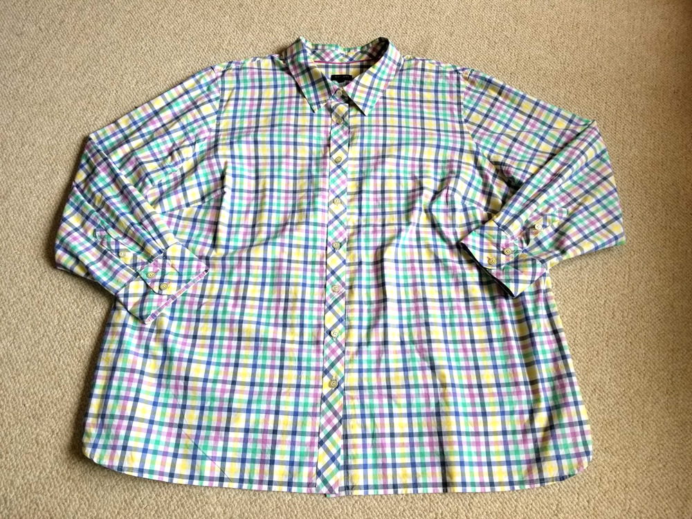 Womens Top-TALBOTS-white/blue/pink checked 100% cotton button-up tunic ls-3X